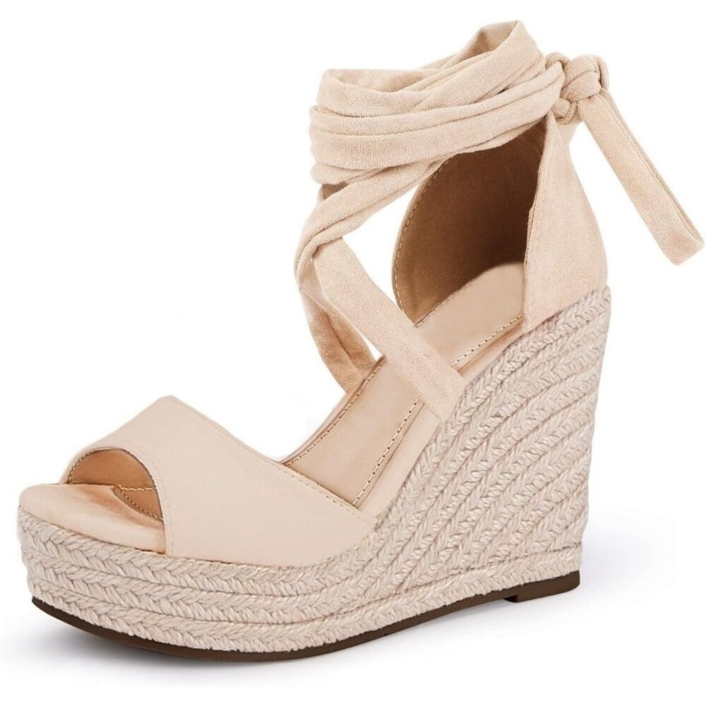 Women's Tan Wedges Open Ankle Strap Toe Tie Lace Up Sandals Heels Shoes
